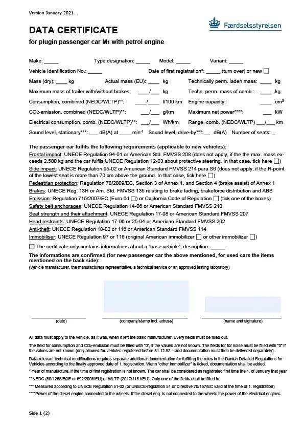 Data certificate for plugin passenger car M1 with petrol engine